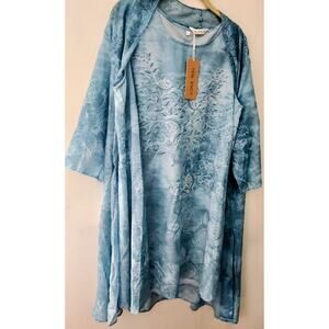 Tendency Blue & White Short Dress with Long Sleeve Cover Up - Size Large EUC